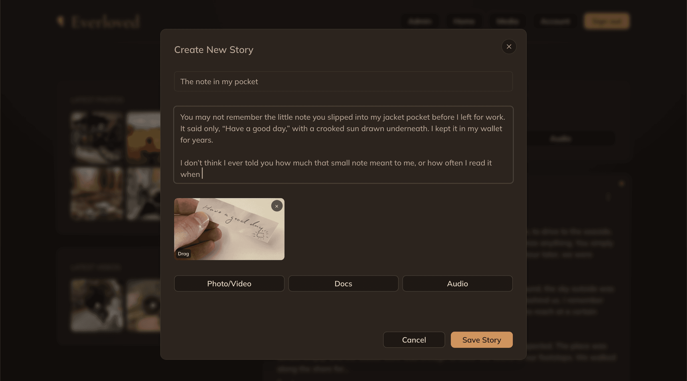 Everloved story editor with a personal message and attached photo