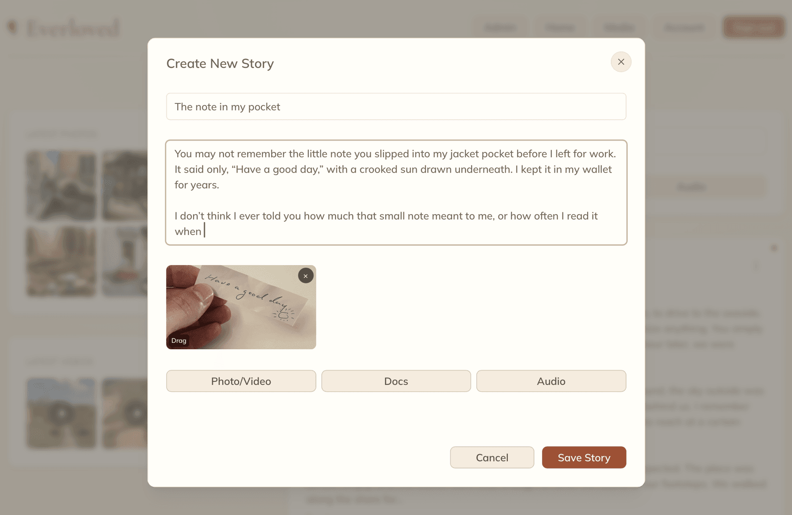 Everloved story editor with a personal message and attached photo